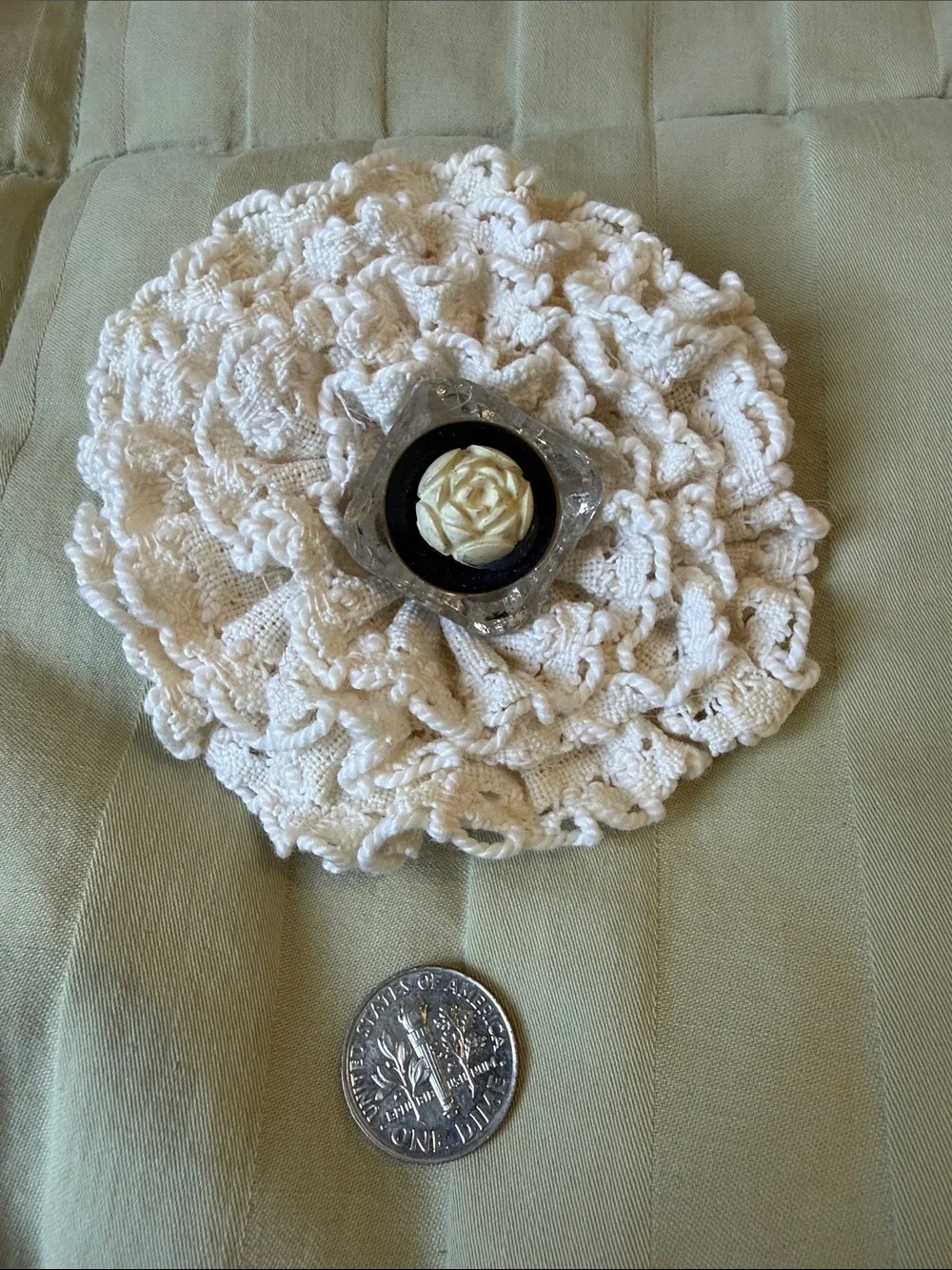 Handmade Cream Crochet Doily pin with Decorative Center
